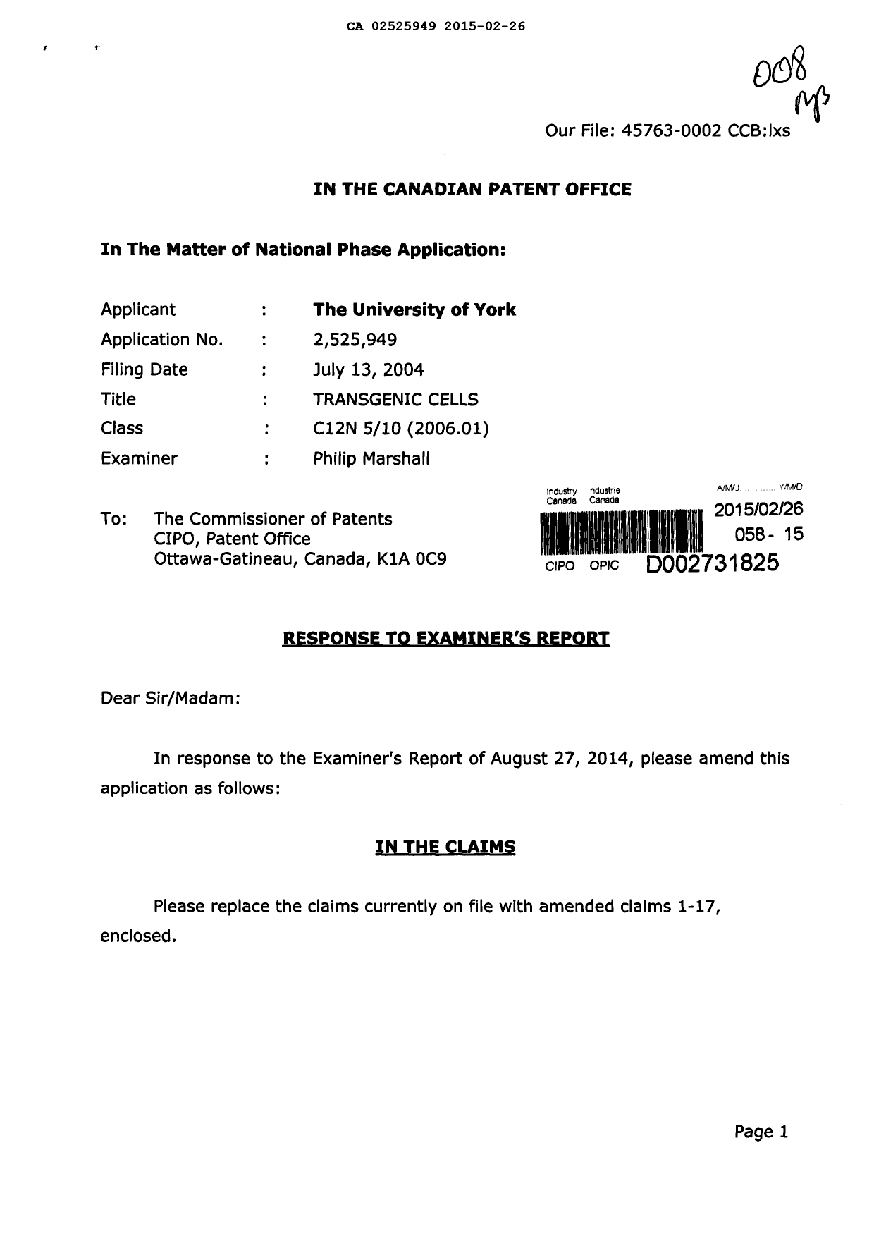 Document de brevet canadien 2525949. Poursuite-Amendment 20141226. Image 1 de 9