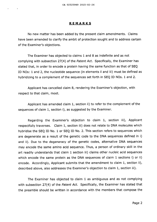 Document de brevet canadien 2525949. Poursuite-Amendment 20141226. Image 2 de 9