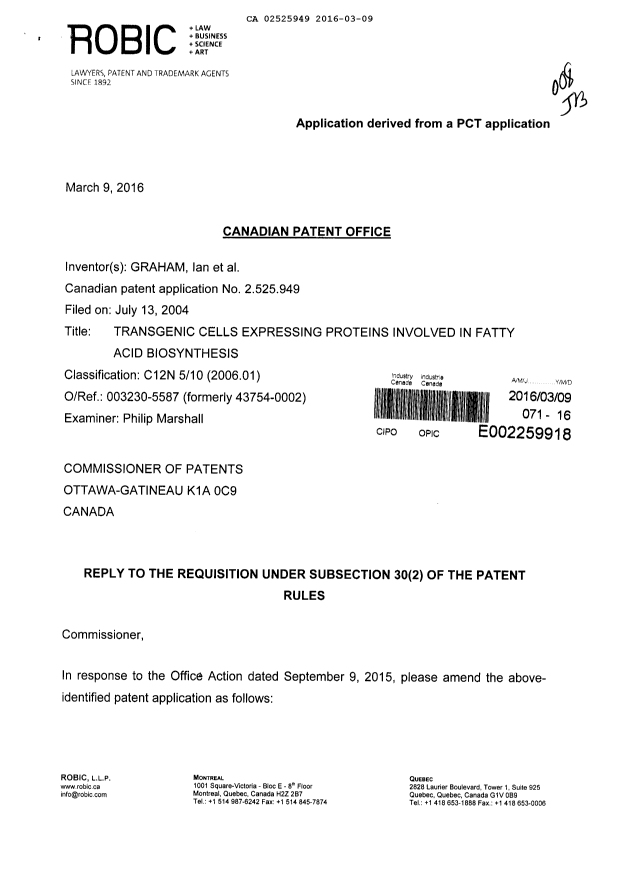 Document de brevet canadien 2525949. Poursuite-Amendment 20151209. Image 1 de 16
