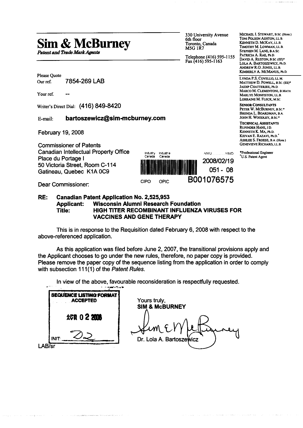 Canadian Patent Document 2525953. Prosecution-Amendment 20071219. Image 1 of 1