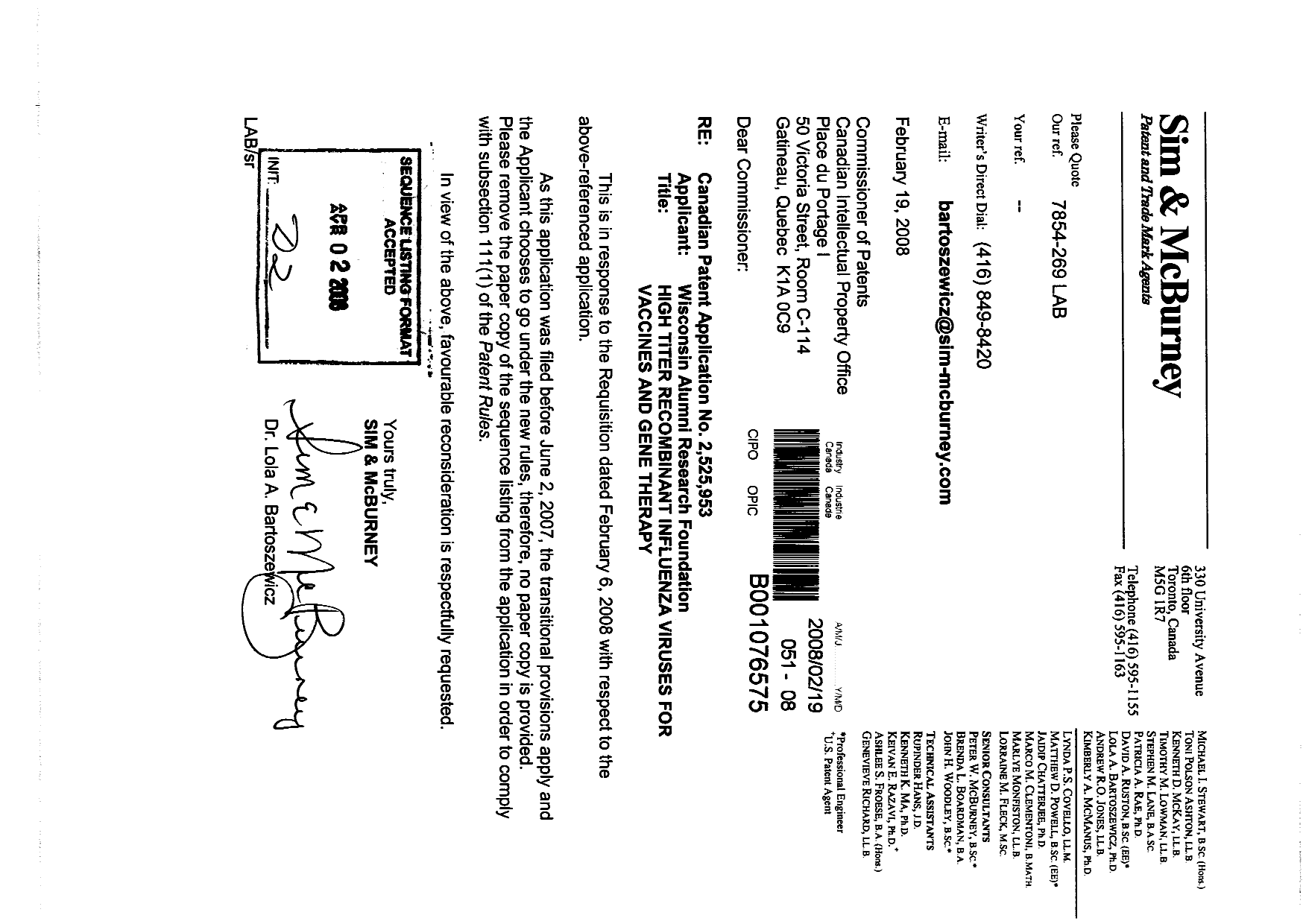 Document de brevet canadien 2525953. Poursuite-Amendment 20071219. Image 1 de 1
