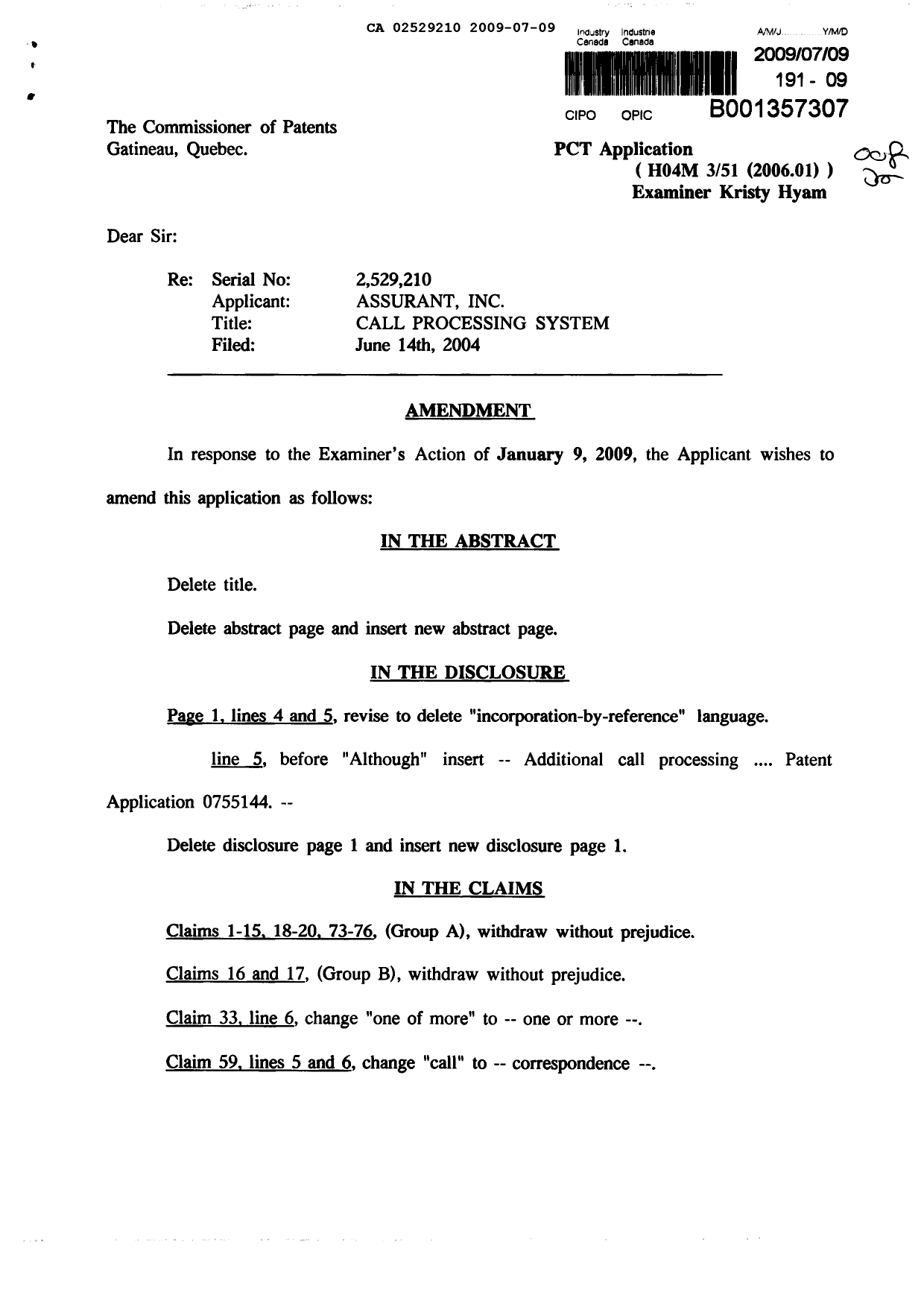 Canadian Patent Document 2529210. Prosecution-Amendment 20081209. Image 1 of 21