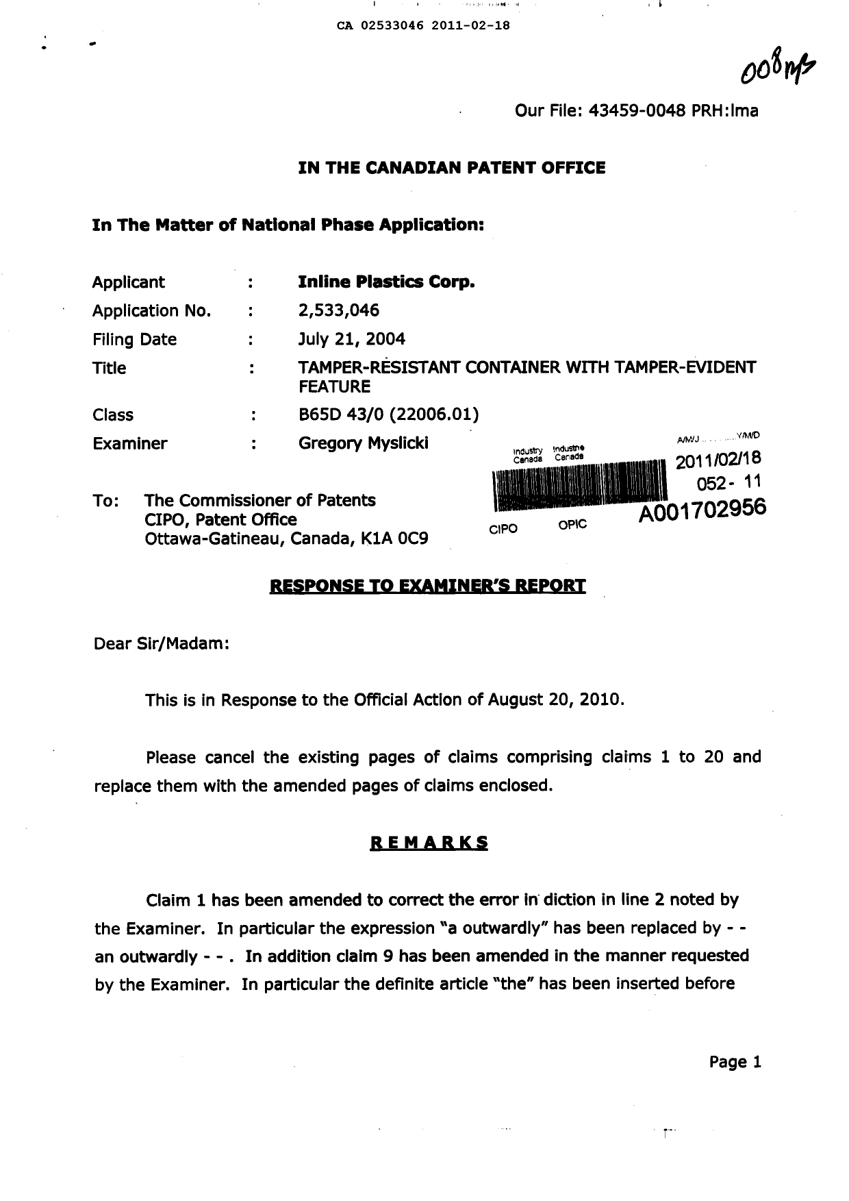 Document de brevet canadien 2533046. Poursuite-Amendment 20101218. Image 1 de 8