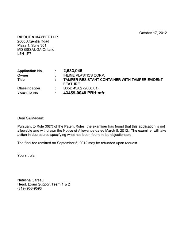 Document de brevet canadien 2533046. Correspondance 20111217. Image 1 de 1