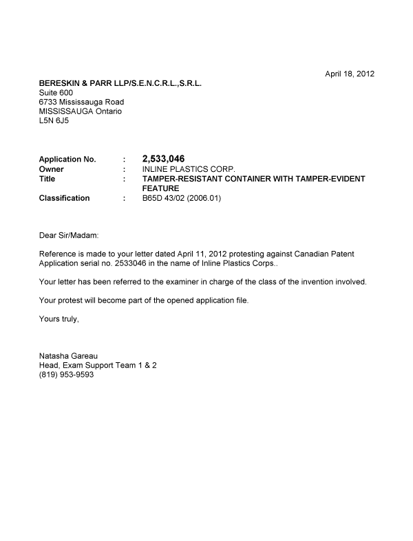 Document de brevet canadien 2533046. Correspondance 20111218. Image 1 de 2