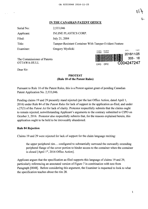 Document de brevet canadien 2533046. Poursuite-Amendment 20151225. Image 1 de 8