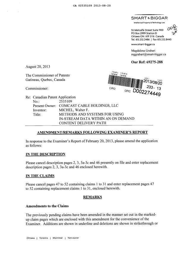 Document de brevet canadien 2535109. Poursuite-Amendment 20121220. Image 1 de 21