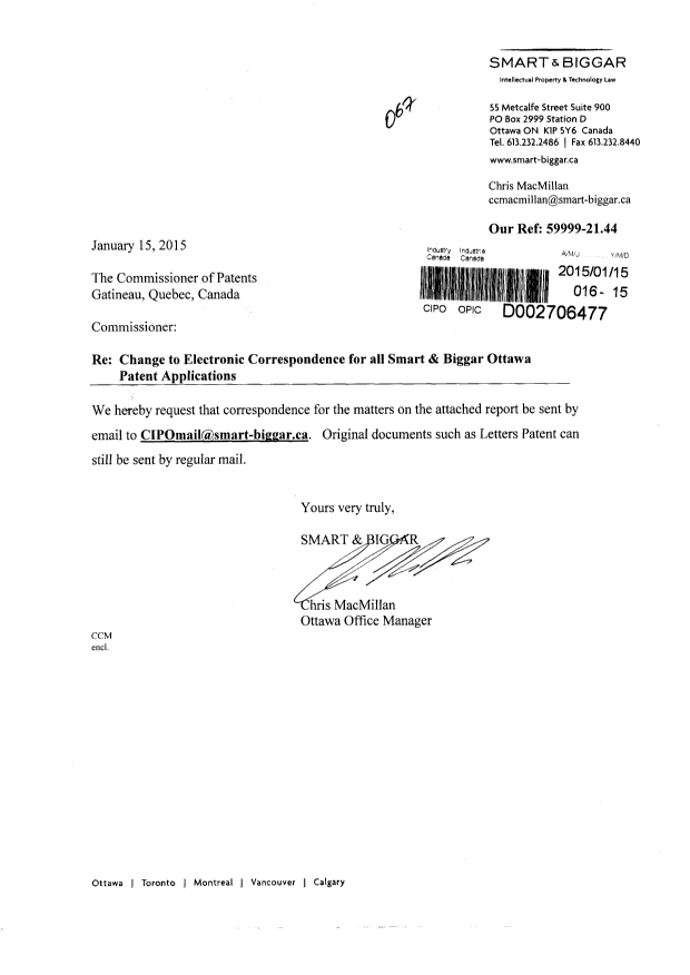 Document de brevet canadien 2535109. Correspondance 20141215. Image 1 de 2