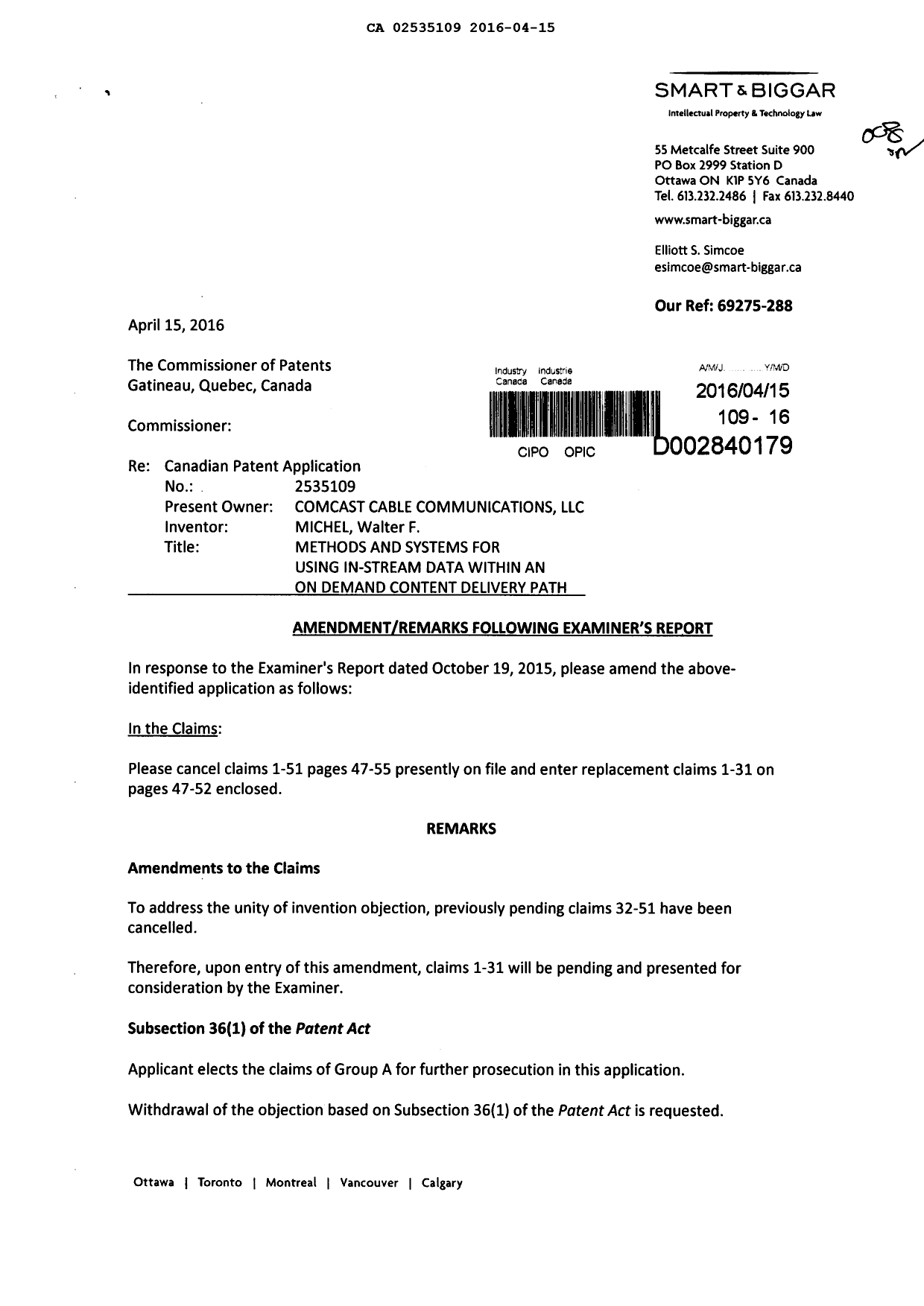 Document de brevet canadien 2535109. Poursuite-Amendment 20151215. Image 1 de 8