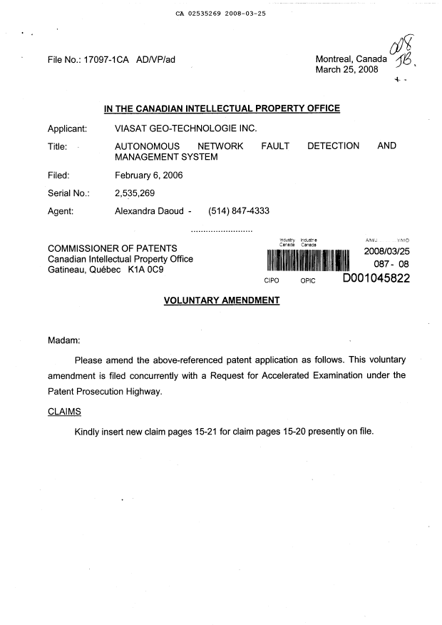 Canadian Patent Document 2535269. Prosecution-Amendment 20071225. Image 1 of 9