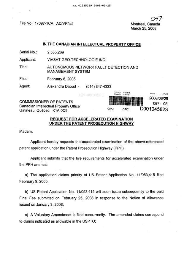 Canadian Patent Document 2535269. Prosecution-Amendment 20080325. Image 1 of 3