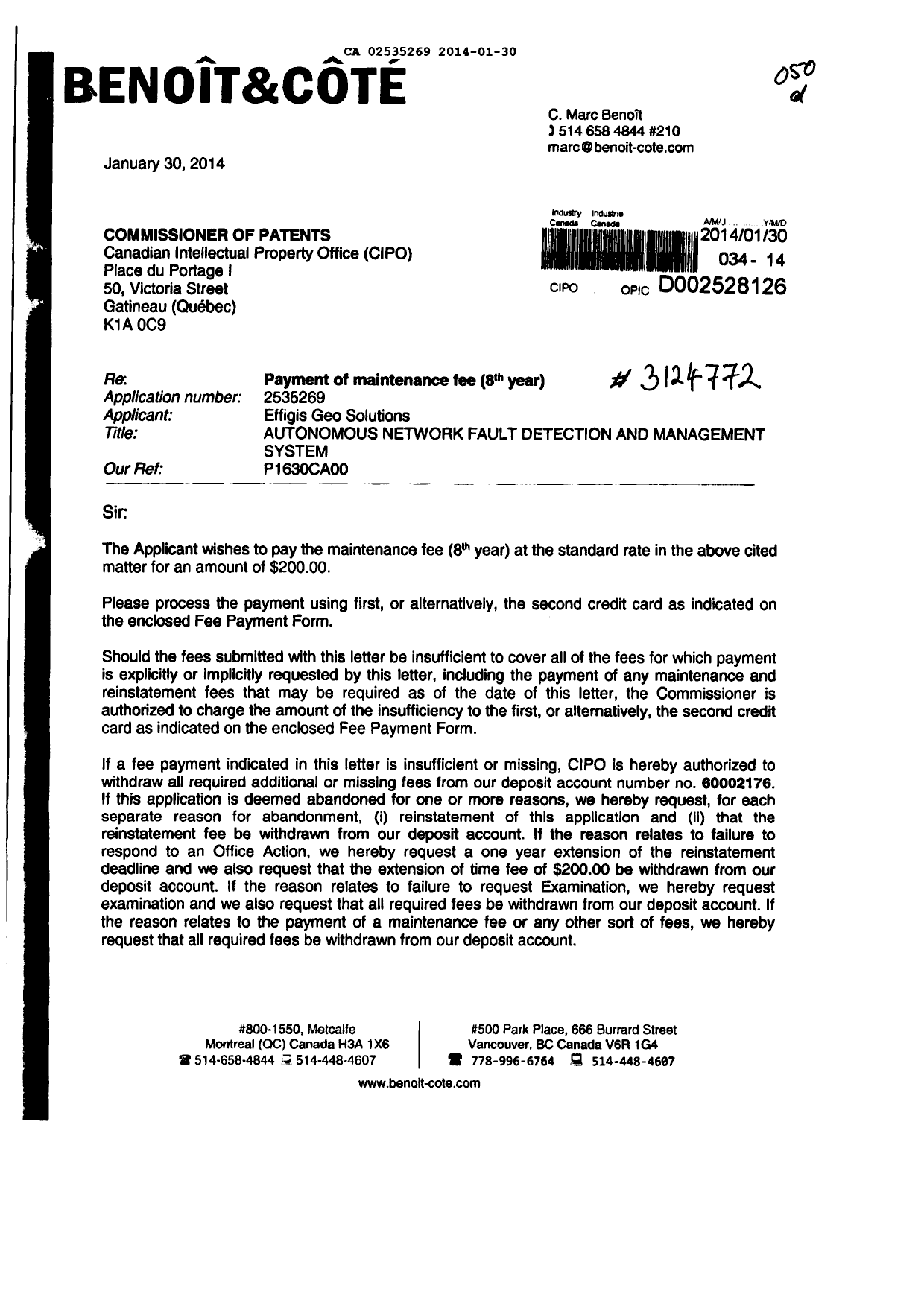 Canadian Patent Document 2535269. Fees 20140130. Image 1 of 2