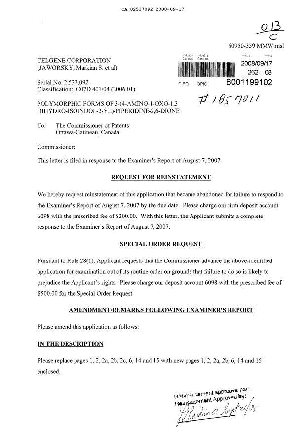 Canadian Patent Document 2537092. Prosecution-Amendment 20071217. Image 1 of 21