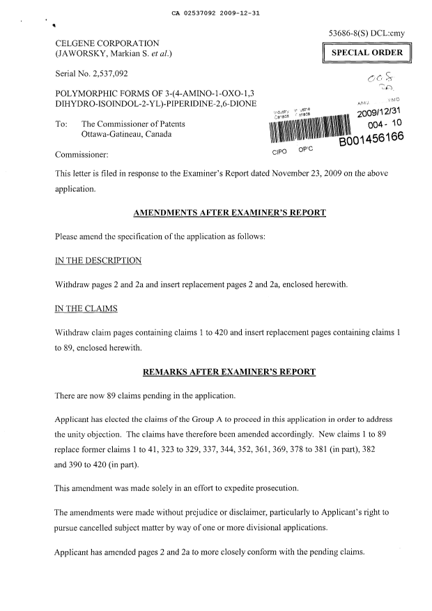 Canadian Patent Document 2537092. Prosecution-Amendment 20081231. Image 1 of 18