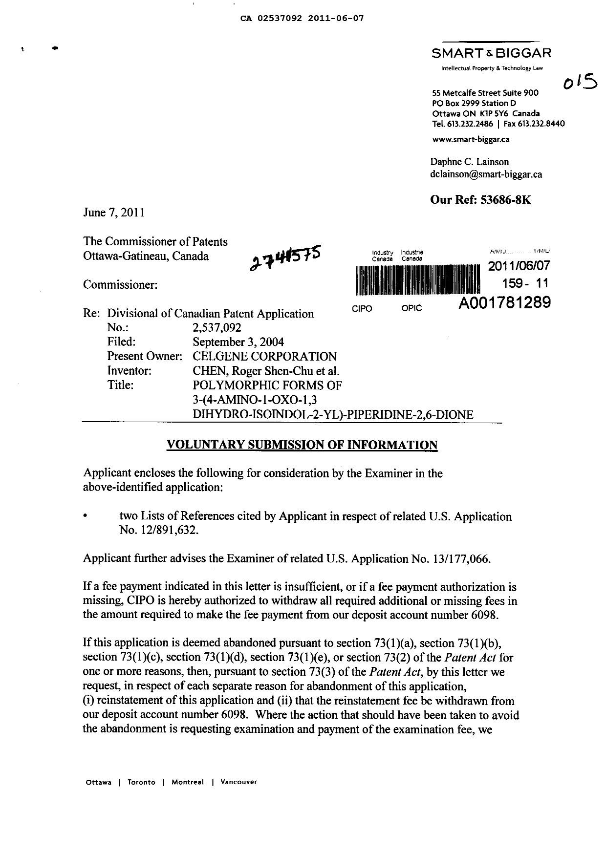 Canadian Patent Document 2537092. Prosecution-Amendment 20101207. Image 1 of 2