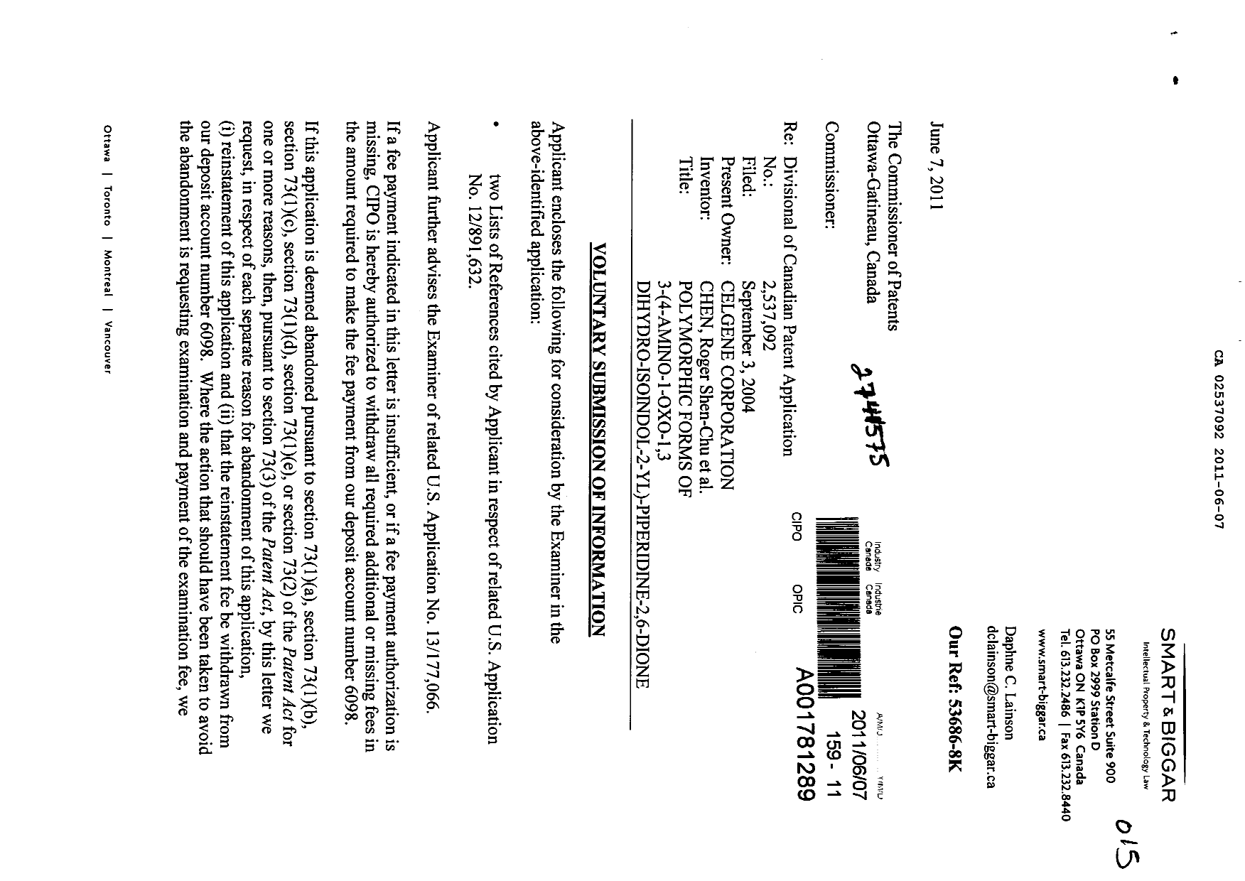 Canadian Patent Document 2537092. Prosecution-Amendment 20101207. Image 1 of 2