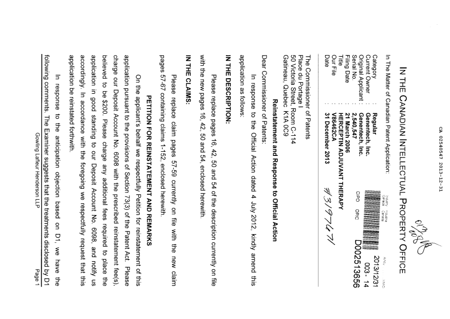 Canadian Patent Document 2540547. Prosecution-Amendment 20131231. Image 1 of 18
