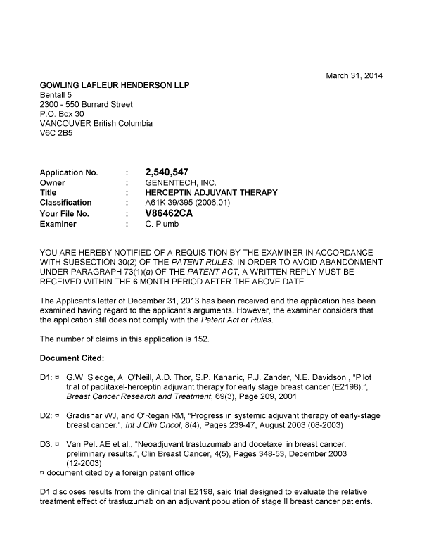 Document de brevet canadien 2540547. Poursuite-Amendment 20140331. Image 1 de 4