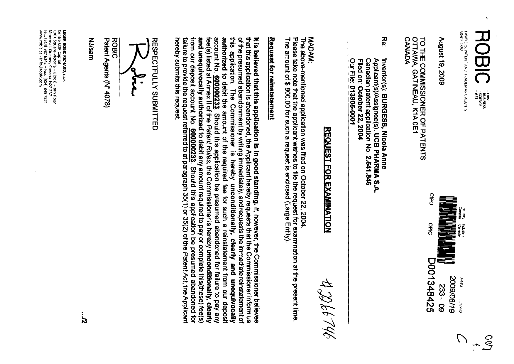 Document de brevet canadien 2541846. Poursuite-Amendment 20081219. Image 1 de 2