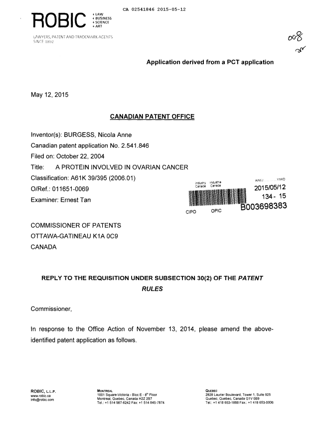 Document de brevet canadien 2541846. Poursuite-Amendment 20141212. Image 1 de 12