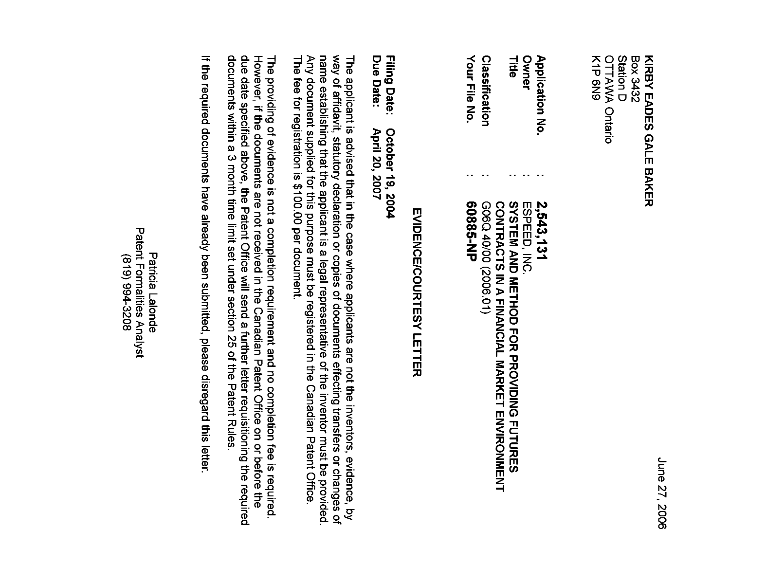 Document de brevet canadien 2543131. Correspondance 20051222. Image 1 de 1