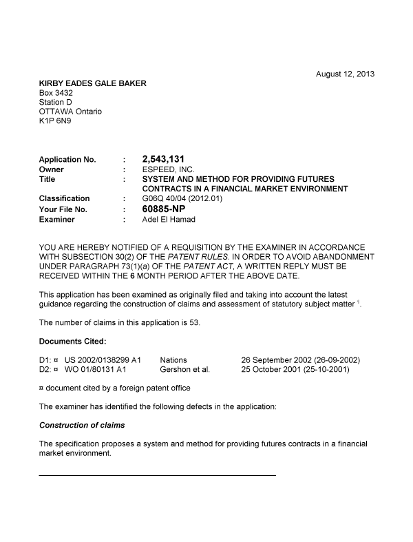 Document de brevet canadien 2543131. Poursuite-Amendment 20130812. Image 1 de 5