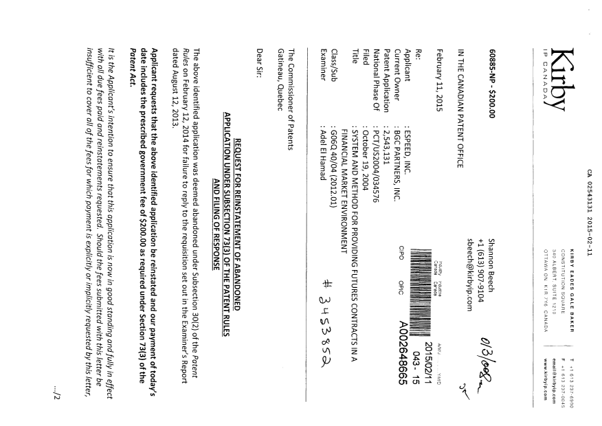 Canadian Patent Document 2543131. Prosecution-Amendment 20141211. Image 1 of 33