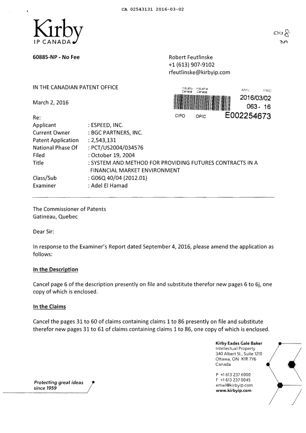 Document de brevet canadien 2543131. Modification 20160302. Image 1 de 46