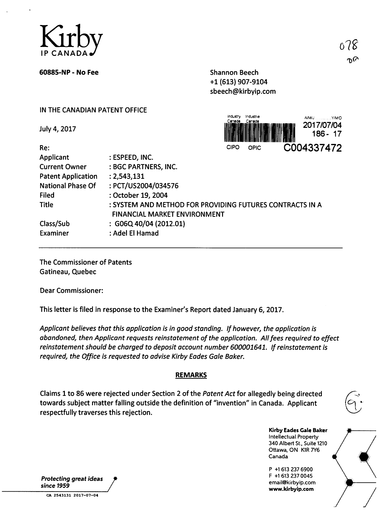 Document de brevet canadien 2543131. Poursuite-Amendment 20161204. Image 1 de 9