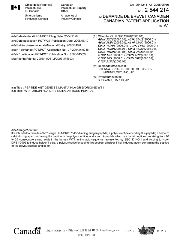 Canadian Patent Document 2544214. Cover Page 20051213. Image 1 of 2