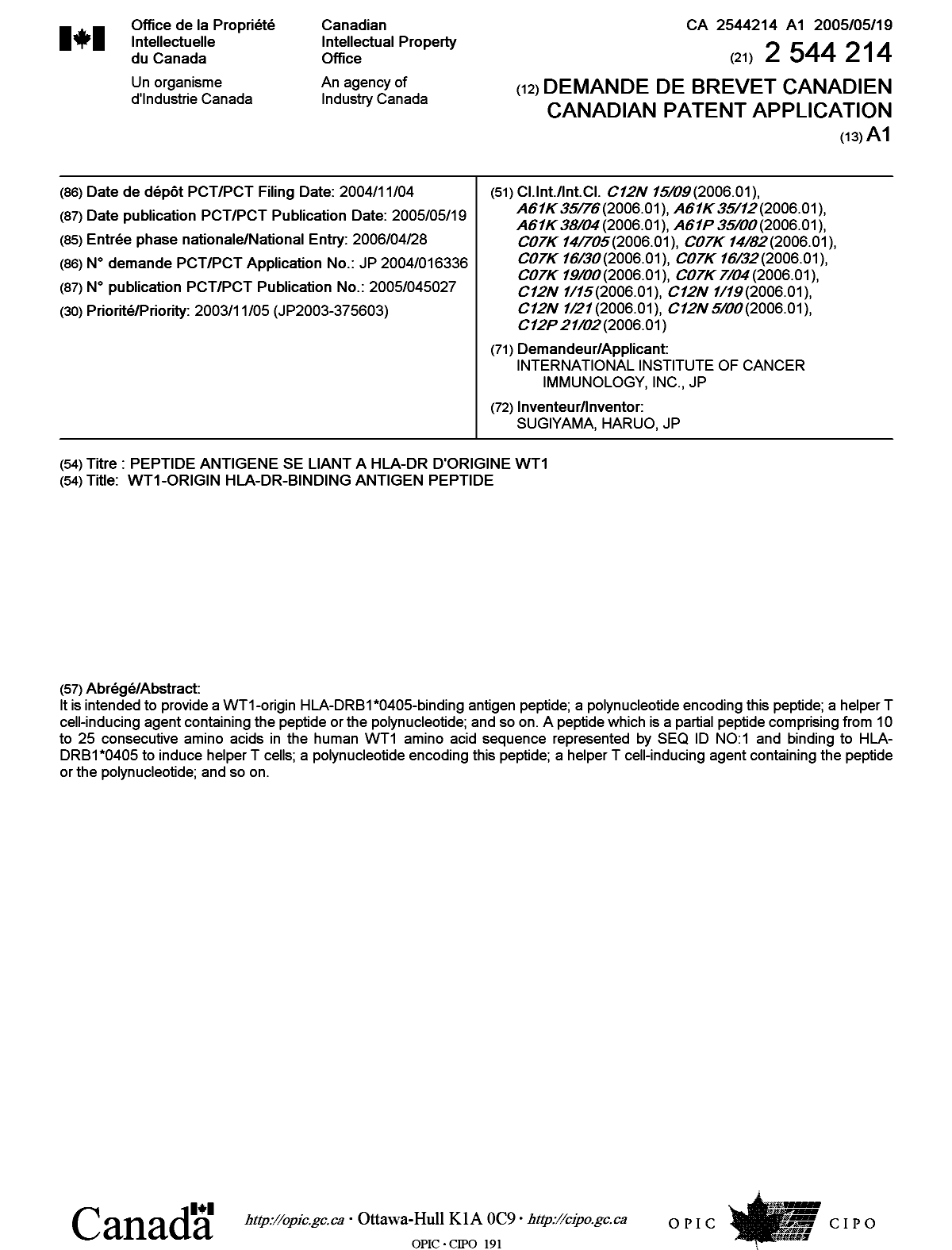 Document de brevet canadien 2544214. Page couverture 20051213. Image 1 de 2