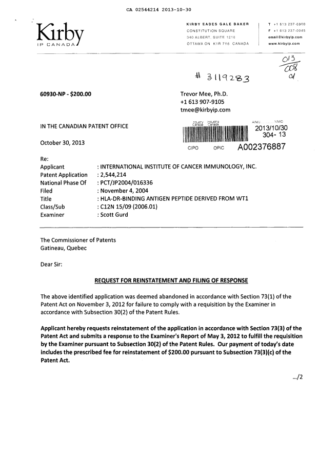 Document de brevet canadien 2544214. Poursuite-Amendment 20121230. Image 1 de 28