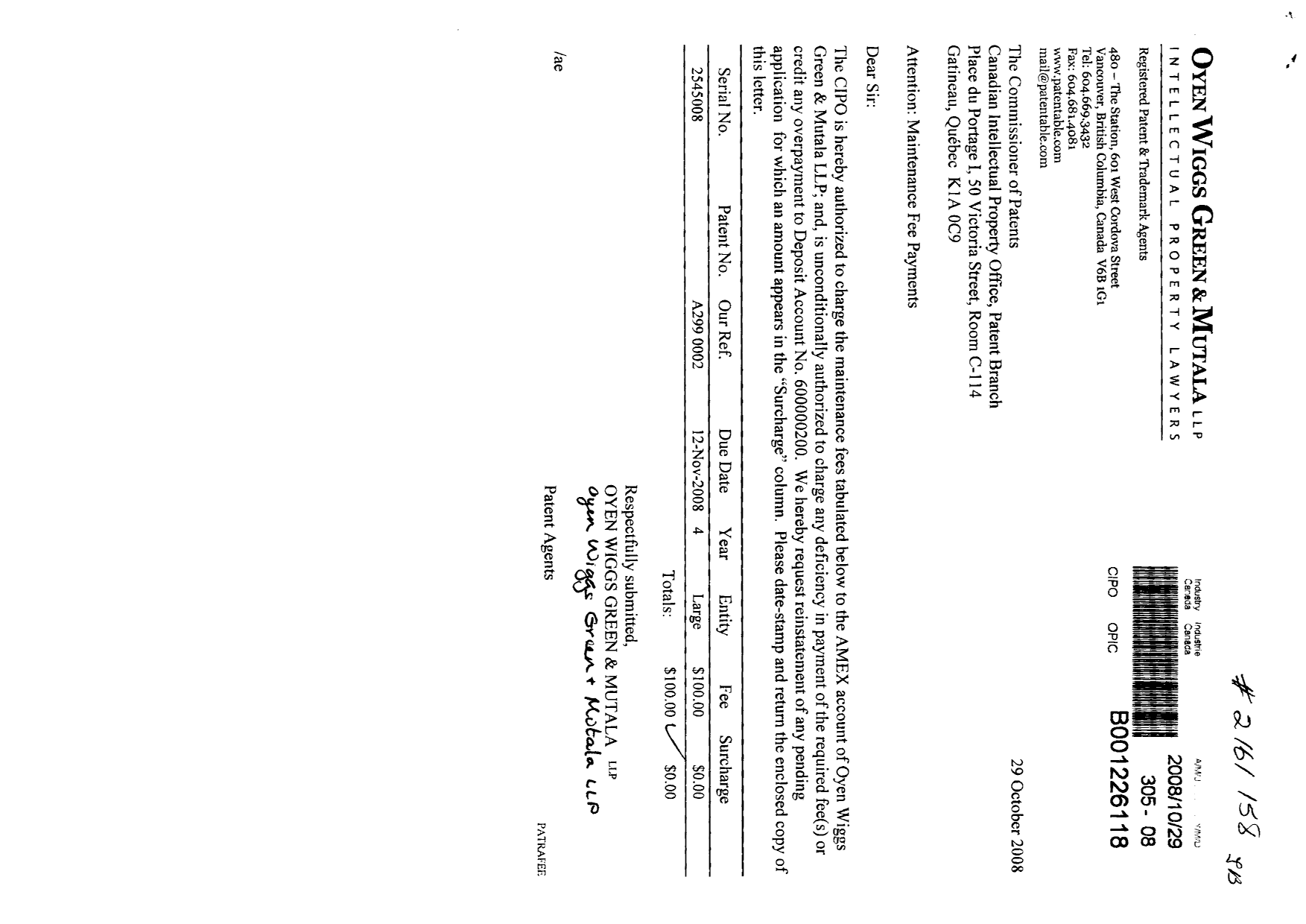 Document de brevet canadien 2545008. Taxes 20071229. Image 1 de 1
