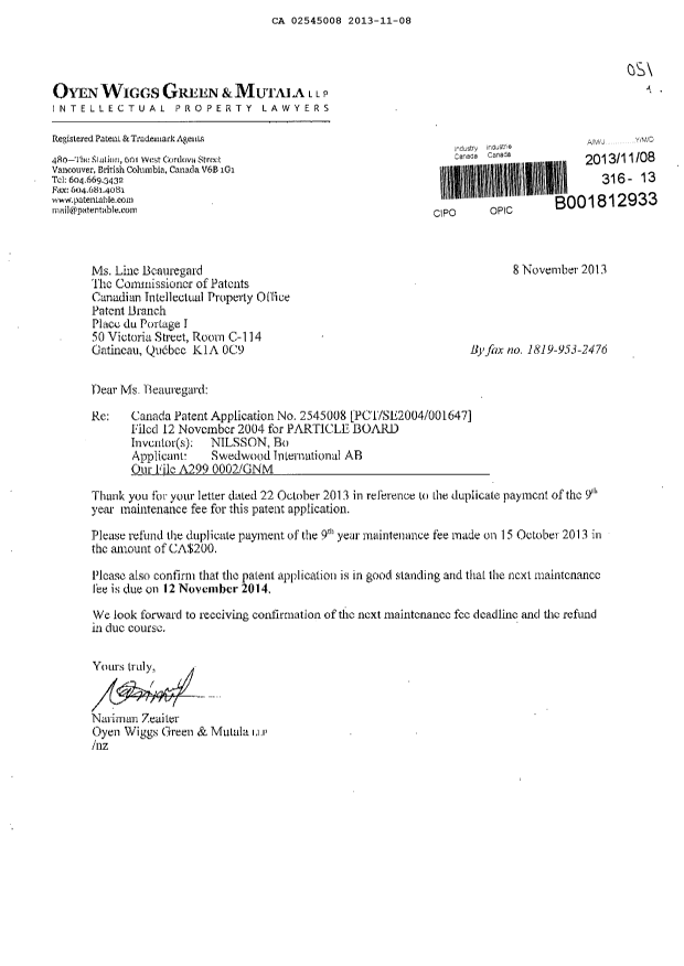 Document de brevet canadien 2545008. Correspondance 20121208. Image 1 de 1
