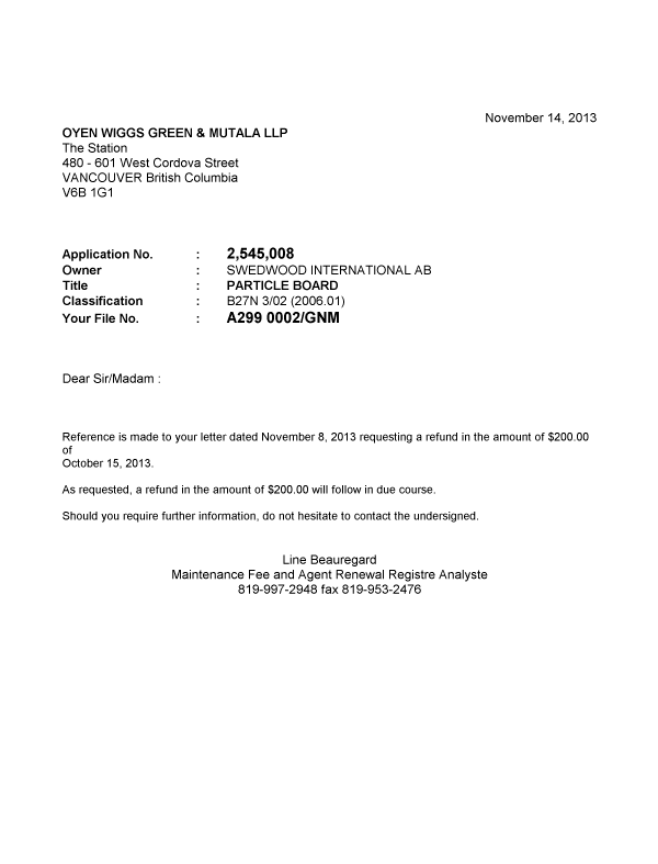 Document de brevet canadien 2545008. Correspondance 20121214. Image 1 de 1