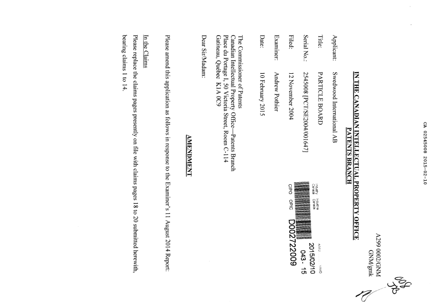 Document de brevet canadien 2545008. Poursuite-Amendment 20141210. Image 1 de 8