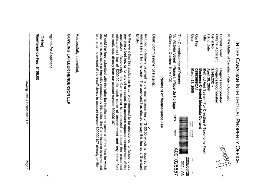 Canadian Patent Document 2545232. Fees 20071228. Image 1 of 1