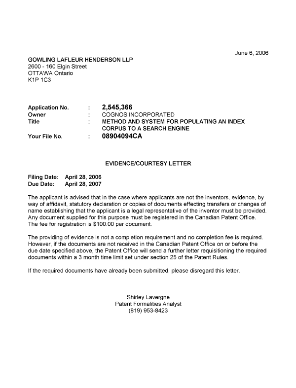 Document de brevet canadien 2545366. Correspondance 20051205. Image 1 de 1