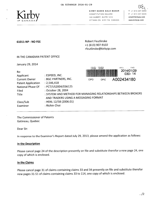 Canadian Patent Document 2546418. Prosecution-Amendment 20131229. Image 1 of 25