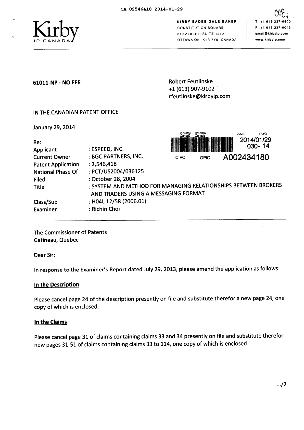 Document de brevet canadien 2546418. Poursuite-Amendment 20131229. Image 1 de 25