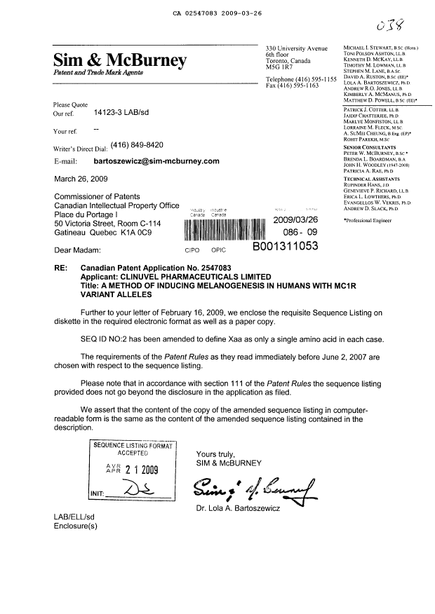Document de brevet canadien 2547083. Poursuite-Amendment 20081226. Image 1 de 18