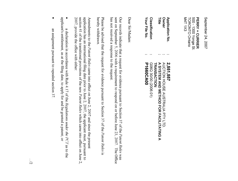Document de brevet canadien 2551557. Correspondance 20070924. Image 1 de 2