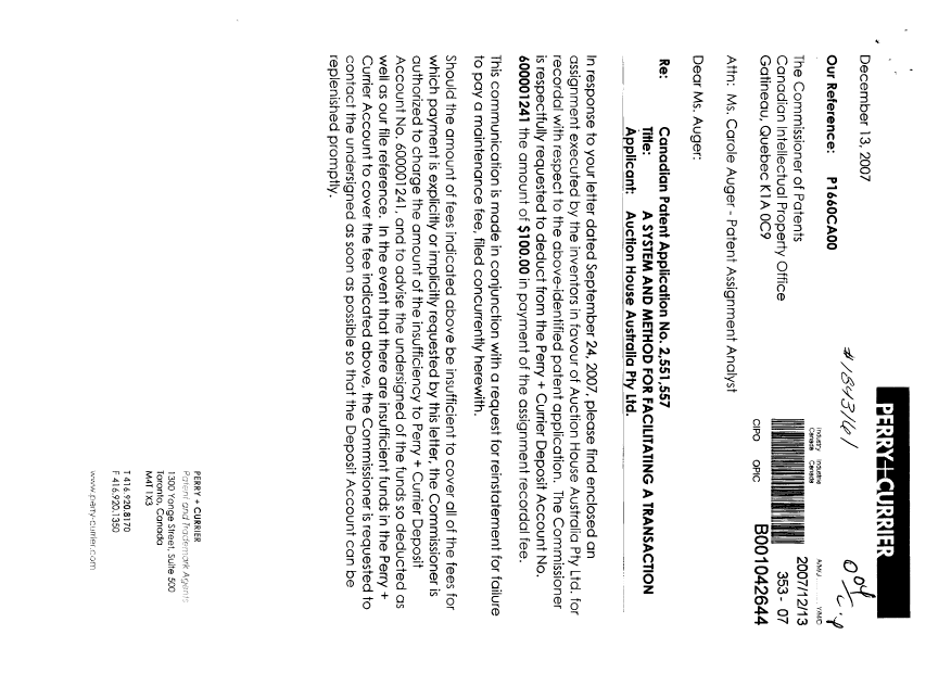 Document de brevet canadien 2551557. Cession 20071213. Image 1 de 7