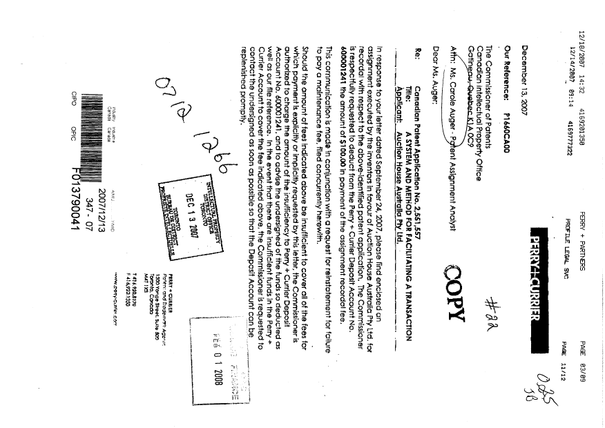 Document de brevet canadien 2551557. Cession 20071213. Image 1 de 8