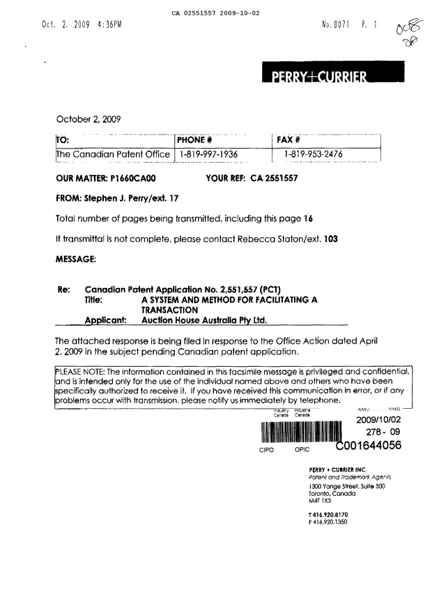 Document de brevet canadien 2551557. Poursuite-Amendment 20081202. Image 1 de 14