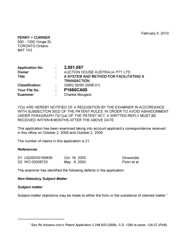 Canadian Patent Document 2551557. Prosecution-Amendment 20091205. Image 1 of 4