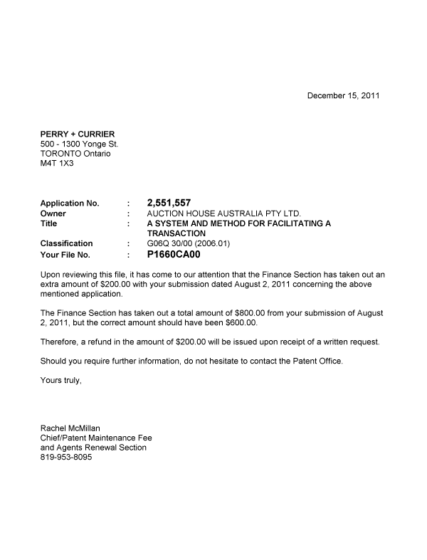 Document de brevet canadien 2551557. Correspondance 20111215. Image 1 de 1
