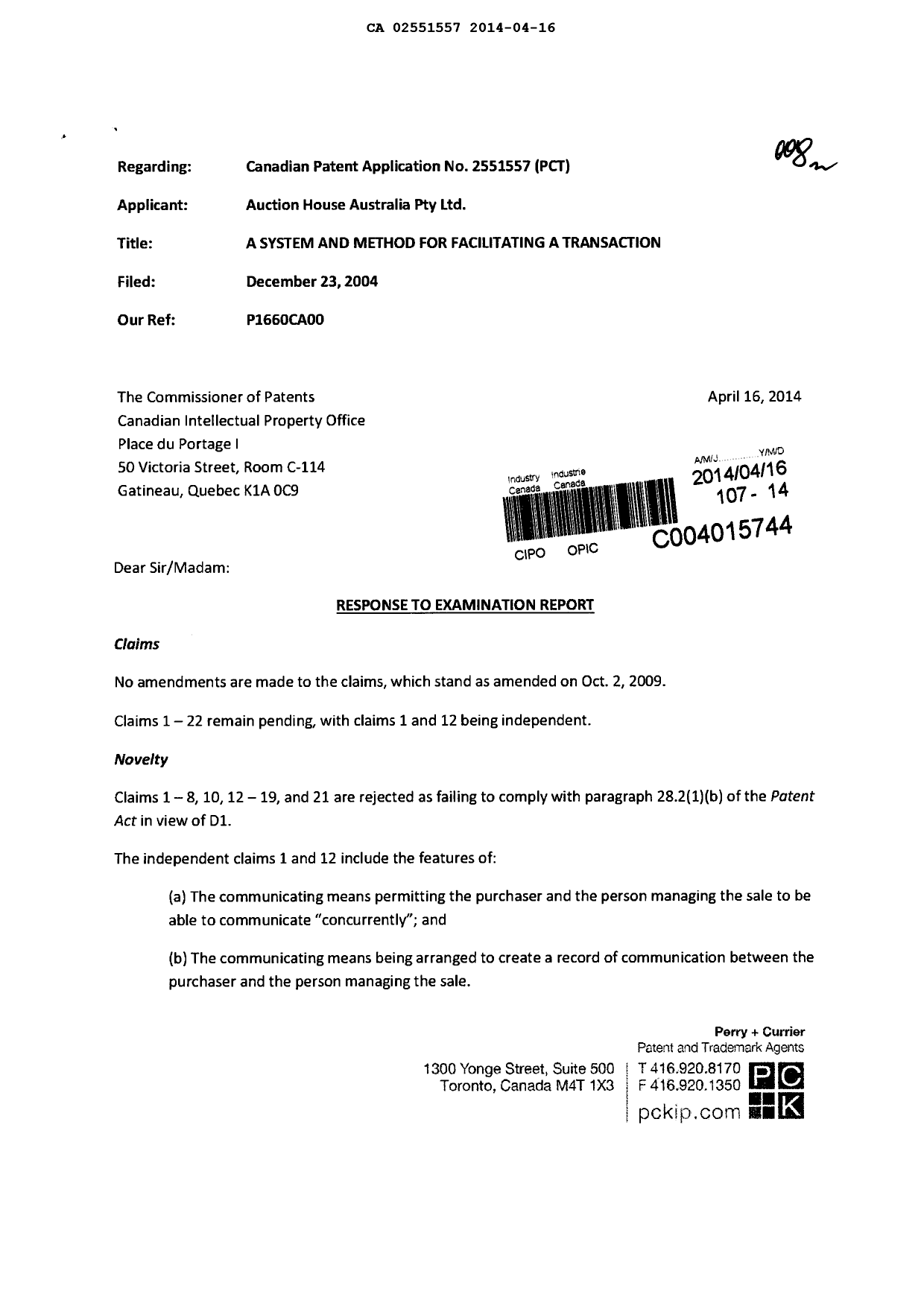 Document de brevet canadien 2551557. Poursuite-Amendment 20140416. Image 1 de 5