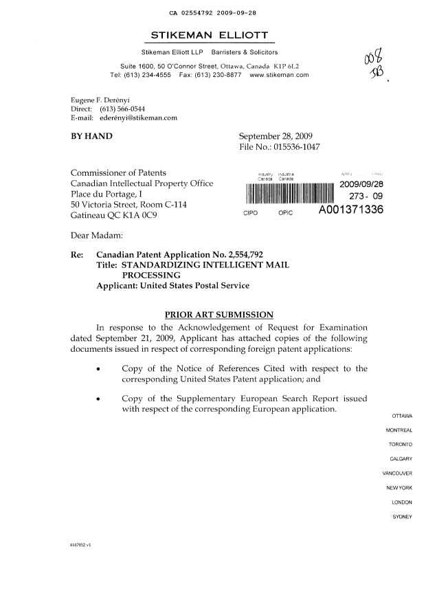 Canadian Patent Document 2554792. Prosecution-Amendment 20090928. Image 1 of 2