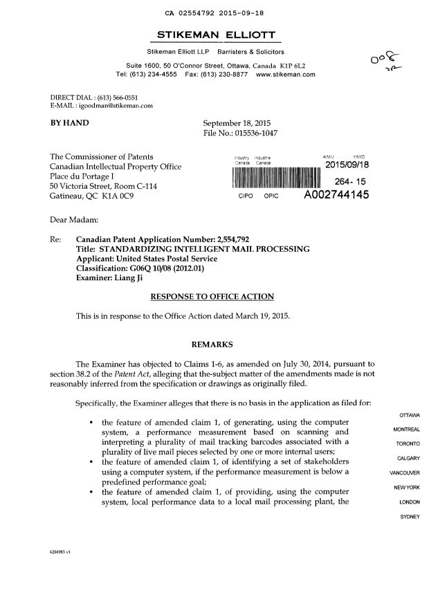 Document de brevet canadien 2554792. Modification 20150918. Image 1 de 3